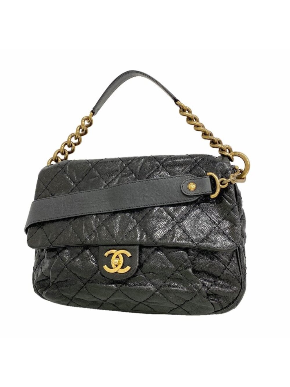 Chanel Shoulder Bag Quilted Caviar Leather Black Gold